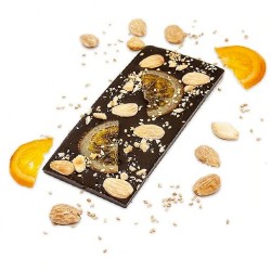 Tablette chocolat 72 % cacao aux amandes, orange et sésame