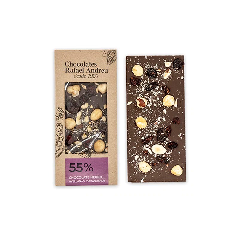 Tablette chocolat 55 % cacao aux myrtilles et noisettes